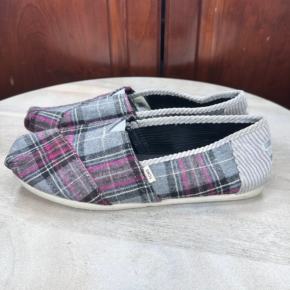 Toms Womens Size Pink Gray Plaid Multi Back To School Slip On